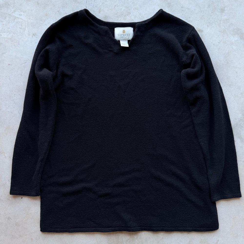 Vintage Express Tricot Black Boucle Knit Sweater Long Sleeve Notch Neck Large